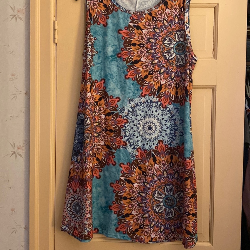 Tanst Sky Women Summer Sleeveless Damask Print T-Shirt Dress with Pockets